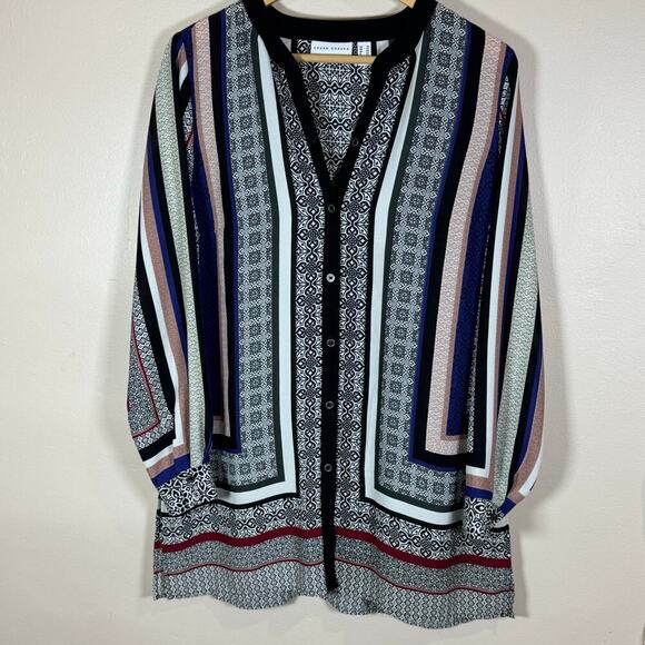 Susan Graver button Down Tunic Long Sleeve Size 10 Geometric Print Lagenlook - Picture 1 of 8